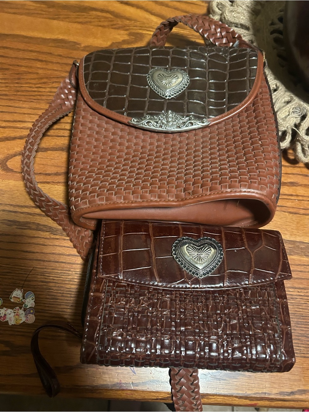 Brighton Brown Woven & Croc-Embossed Heart Accent Crossbody Duo